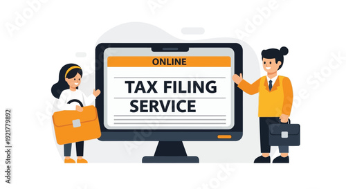 Online tax filing service illustration with professionals and computer screen display