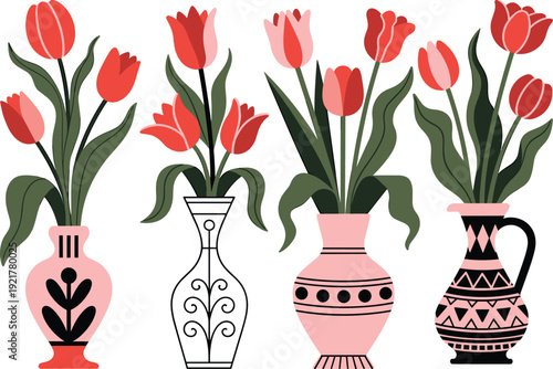 Tulip flower vase illustration set, decorative floral arrangements in ceramic pots, spring bouquet design elements, modern flat botanical artwork