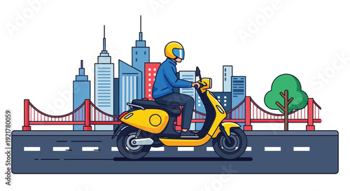 man riding a yellow scooter through a modern cityscape with tall buildings
