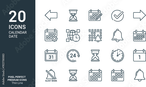 Calendar and date thin line icon set featuring hourglass timer alert bell notification schedule planning deadline and time management vector symbols