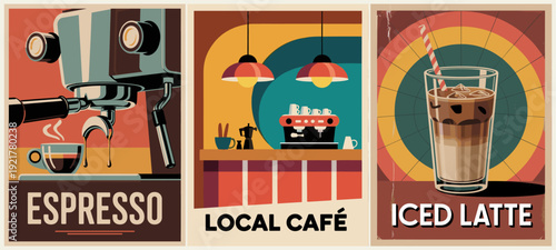 Vintage-style triptych of coffee posters featuring espresso, cozy café interior, and iced latte, perfect for coffee shop, cafe, or beverage design projects.