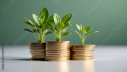 Growing plants on gold coins financial growth investment success concept green background