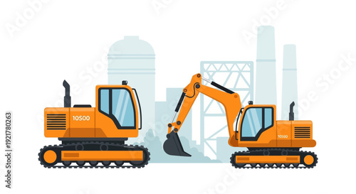 Orange Excavators and Construction Heavy Equipment Vector Illustration with Industrial Plant Background