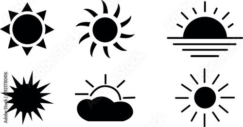 Sun silhouette icons set various black sun symbols and logos