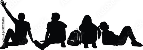 Young people sitting silhouettes students relaxing together with backpacks isolated on white background black vector illustration