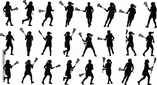 Women Lacrosse Player Silhouettes Collection, Female Athletes Running with Stick in Action Poses Isolated on White Background