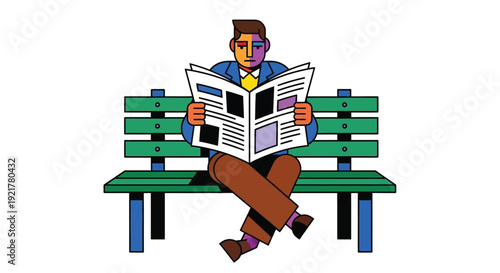 business man sitting on a bench reading a newspaper in a vector graphic illustration