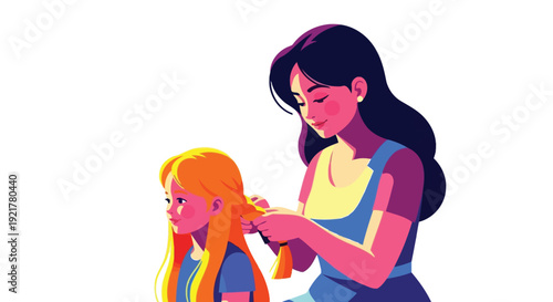 Mother gently brushing her young daughters long orange hair in a tender moment together