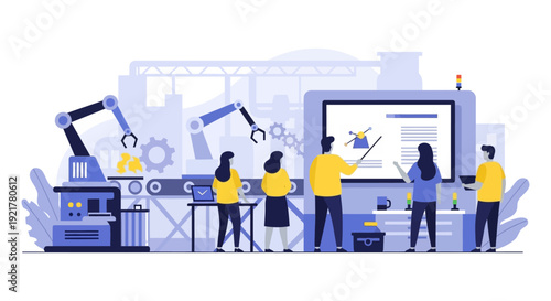 Industry 4.0 Smart Factory with Automation, Robotics, and Collaborative Engineering Team Analyzing Data for Modern Manufacturing