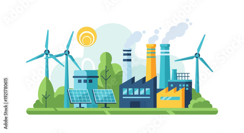Sustainable Energy vs. Industrial Pollution: Green Technology, Wind Turbines, Solar Panels & Smoking Factories