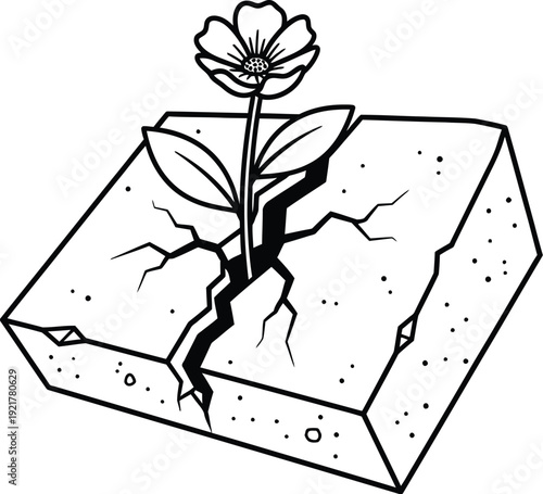 A resilient line art illustration depicts a delicate flower pushing through a crack in a solid concrete block, symbolizing nature's enduring power and overcoming adversity with growth.