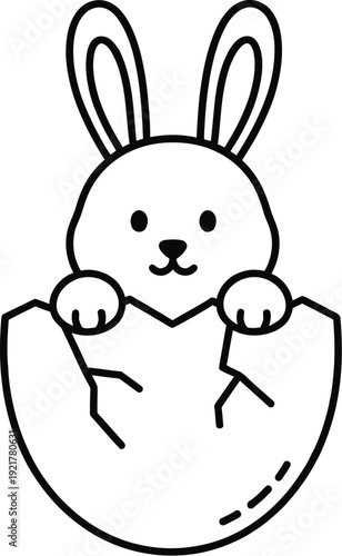 Cute minimalist line art illustration featuring an adorable baby bunny rabbit happily emerging from a cracked open eggshell design element
