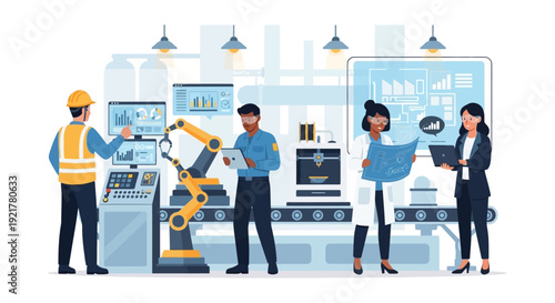Future Manufacturing: Diverse Team of Engineers Overseeing Robotic Automation and Data Analytics in Smart Factory