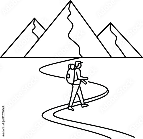 A lone hiker with a backpack walks along a winding path towards majestic mountains under a clear sky, embodying the spirit of adventure and exploration in nature.