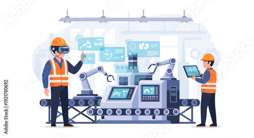 Industry 4.0 Smart Factory: Engineers Use VR/AR Headsets & Tablets to Monitor Robotic Automation & Digital Production Lines