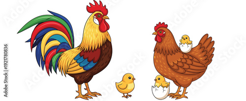 Colorful Rooster, Hen, and Cute Chicks Hatching from Eggs Farm Poultry Cartoon Vector Illustration Collection