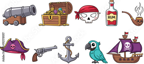 Pirate Cartoon Icon Set with Cannon, Treasure Chest, Skull, Rum Bottle, Parrot, Anchor, Ship, and Buccaneer Accessories Vector Collection