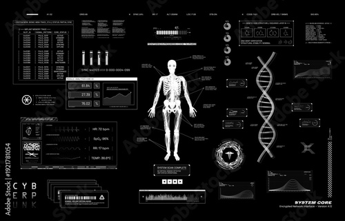 Head Up Display (HUD) UI for Medical App, Modern medical examination in Cyberpunk style. Ultrasound and cardiogram. Hi-tech interface with virtual body scanning. Vector HUD UI elements for App.