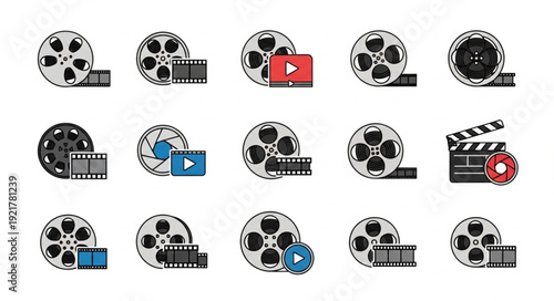 Collection of Film Reel Icons and Play Buttons.