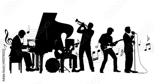 Jazz Band Silhouette Performing Music Together.