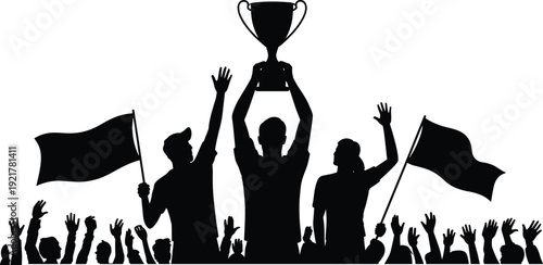 Winning team celebration silhouette, champions holding trophy, victory crowd cheering, success achievement concept, competition triumph illustration isolated on white background