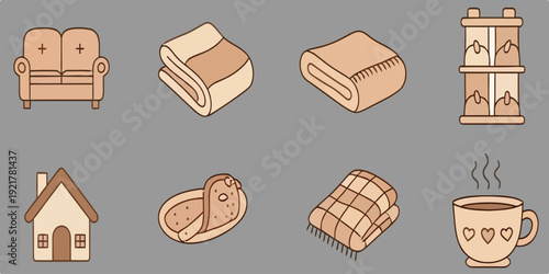 Cozy home decor elements in a minimalist style ,chocolate ice cream, cup of tea 