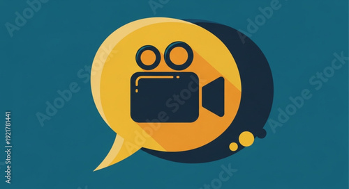 Video camera icon inside a speech bubble graphic.