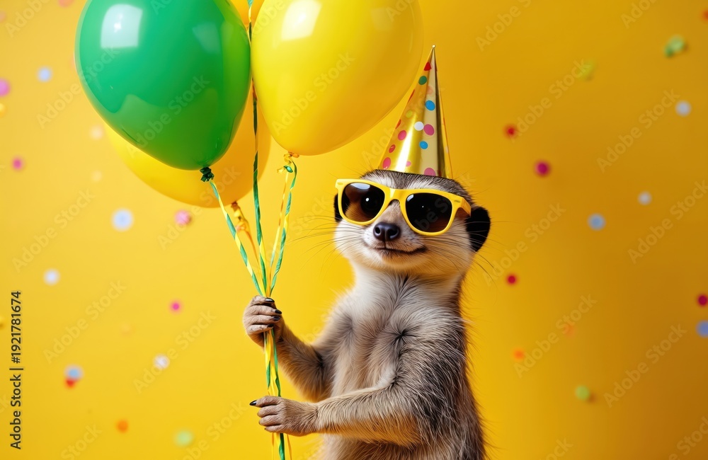 Obraz premium Meerkat wears party hat and sunglasses, holding balloons. This cute animal is ready for a birthday celebration with confetti. Great for kids parties or funny greetings.