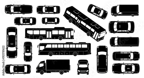 Collection of black vehicle silhouettes seen from above.