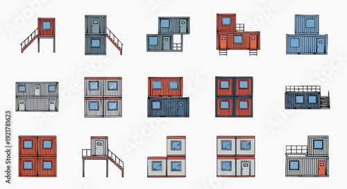 Modular Buildings and Shipping Containers in Various Configurations and Elevations, Seen from Multiple Angles and Viewpoints, Represented as 2D Illustrations