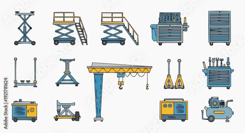 Collection of industrial equipment and machinery icons displayed in a grid layout, showcasing various tools for heavy industry, manufacturing, and construction, viewed from directly above