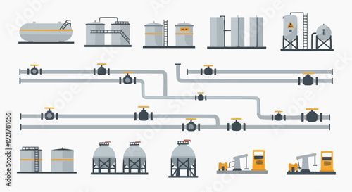 Industrial pipeline system with various machinery and equipment connected in a complex network, viewed from above