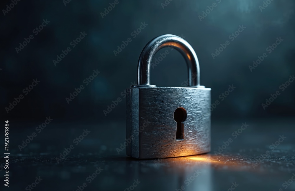 Fototapeta premium Silver metal padlock with keyhole against dark backdrop. Symbol of safety, access control, and data protection. Represents security, privacy and confidentiality. Strong defense and trust.