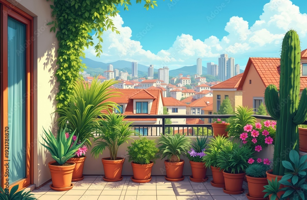 Fototapeta premium Balcony brimming with diverse plants, potted flowers, and a tall cactus. Cityscape with houses and skyscrapers under a bright blue sky. Greenery flourishes against urban architecture.