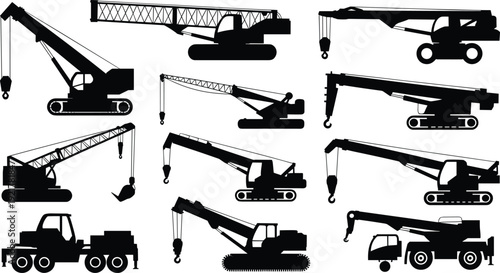 Construction crane silhouette set, heavy lifting machinery equipment icons, industrial engineering vehicles, black vector illustration isolated on white background design