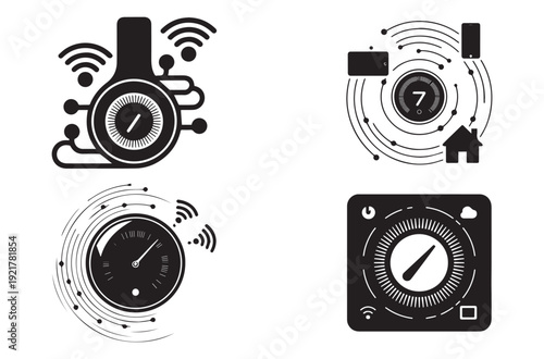 Connected Smart Thermostat Silhouette Icon Set, Modern Home Climate Control Vector Illustration