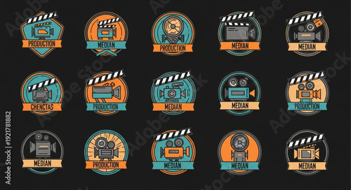 Collection of vintage film and cinema badges and emblems.