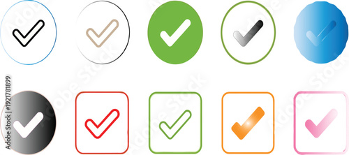 Collection of checkmark icons in various colors and shapes, buttons for web design