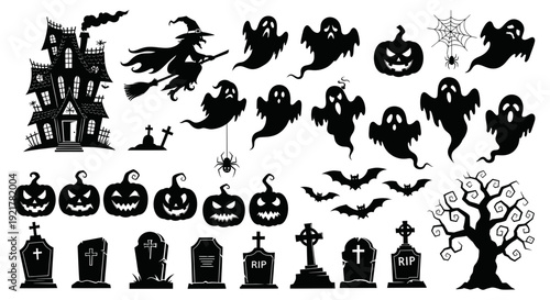Halloween Icons Collection: Haunted House, Witch, Ghosts, Pumpkins, Spiders, Bats, Gravestones