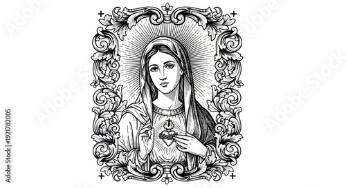 Immaculate Heart Virgin Mary Sacred Art Engraving Vintage Style