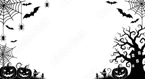 Halloween Border with Spooky Silhouettes: Bats, Spiders, Pumpkins, Haunted House