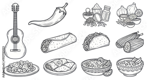 Mexican Food and Guitar Hand-Drawn Illustration Collection