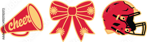 Cheerleading icons illustration, megaphone bow football helmet, red yellow sports spirit elements, flat vector design isolated on white background graphic