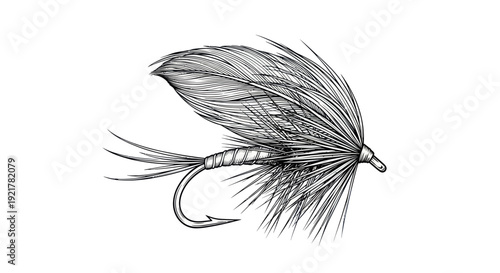 Hand-drawn fly fishing lure, realistic sketch, vintage illustration
