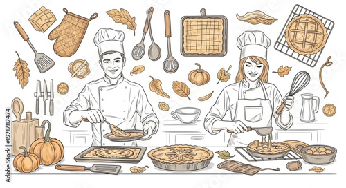 Two Chefs Preparing Food Together.