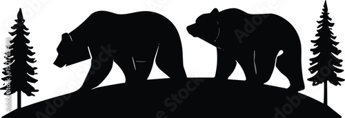 Bears walking on hill with conifer trees silhouette illustration, wildlife forest vector art, nature design, cad flat vector illustration