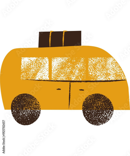 Vintage camper van with luggage on roof for adventure travel