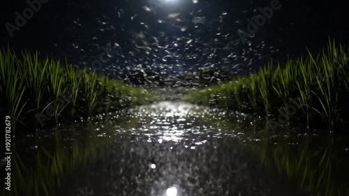 A mesmerizing swarm of insects illuminated by moonlight dances above the still, reflective waters of a flooded rice paddy field at night, creating a magical natural spectacle