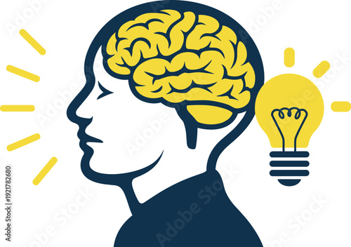 Human brain idea illustration, creative thinking concept, mind intelligence with light bulb, flat vector psychology design isolated on white background