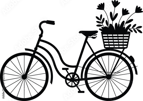Vintage bicycle silhouette illustration, flower basket bike, romantic eco transport concept, black vector design isolated on white background minimal art